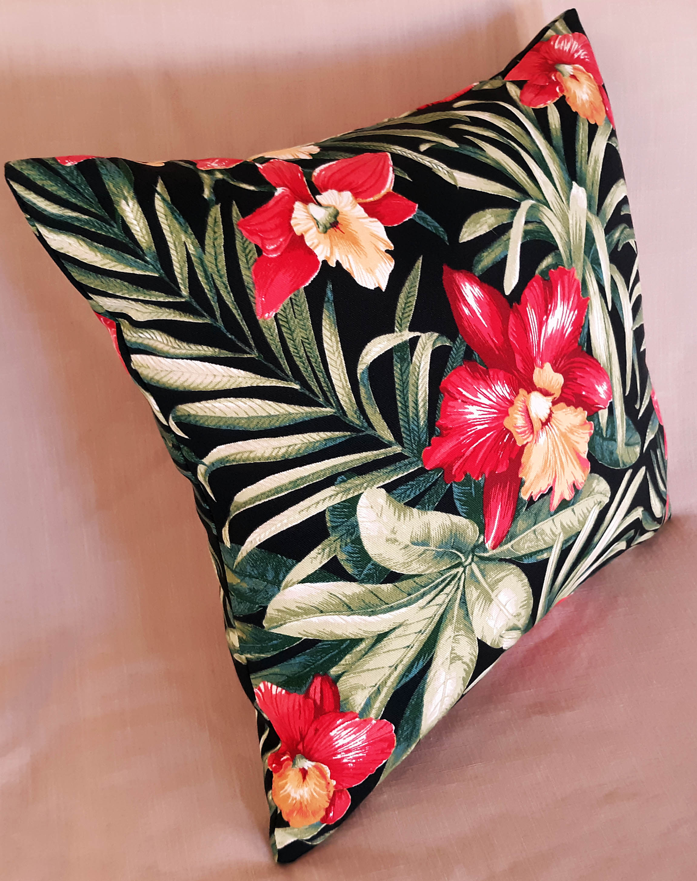 Orchids Throw Pillow Cover, Waterproof Outdoor Fabric, Red, Black Green