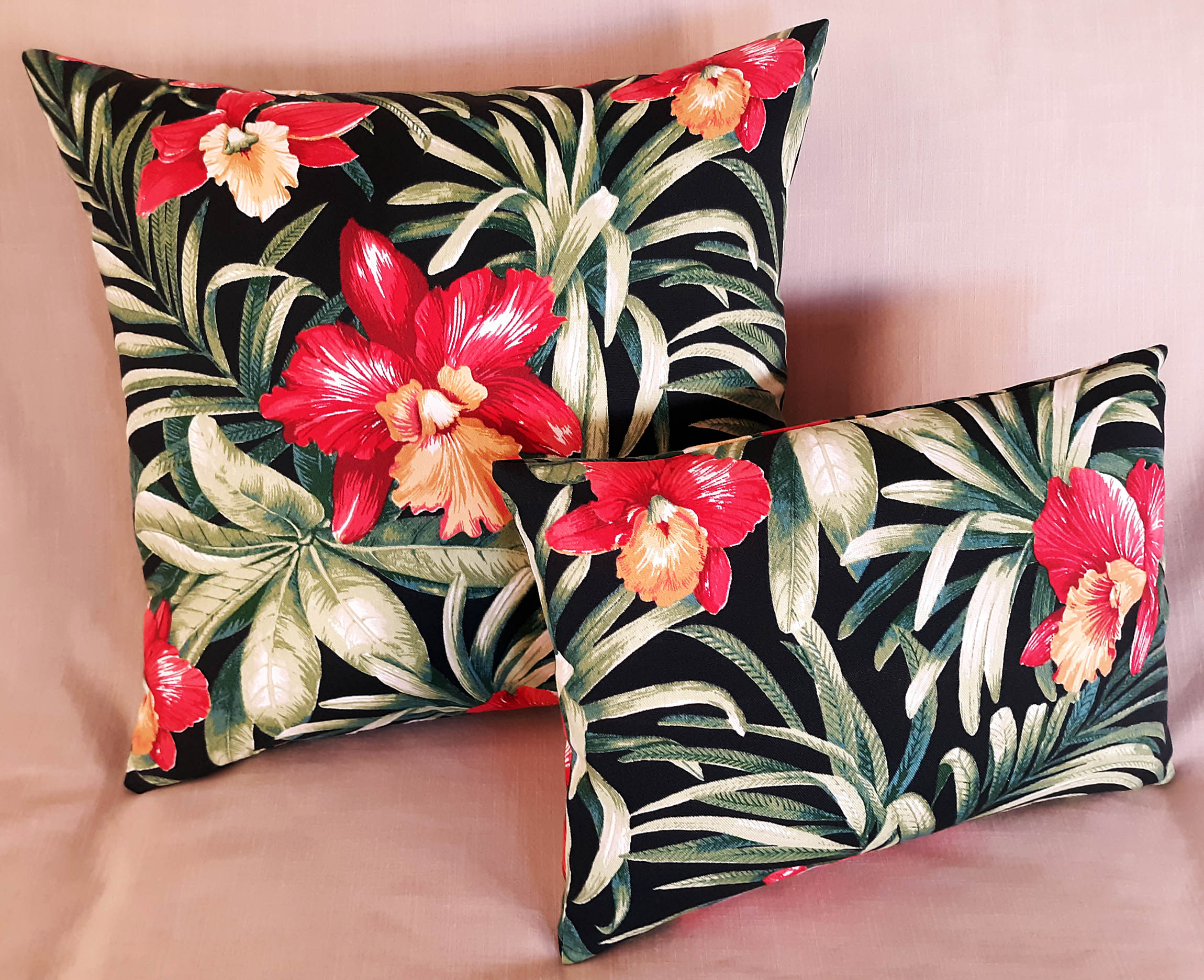 Orchids Throw Pillow Cover, Waterproof Outdoor Fabric, Red, Black Green