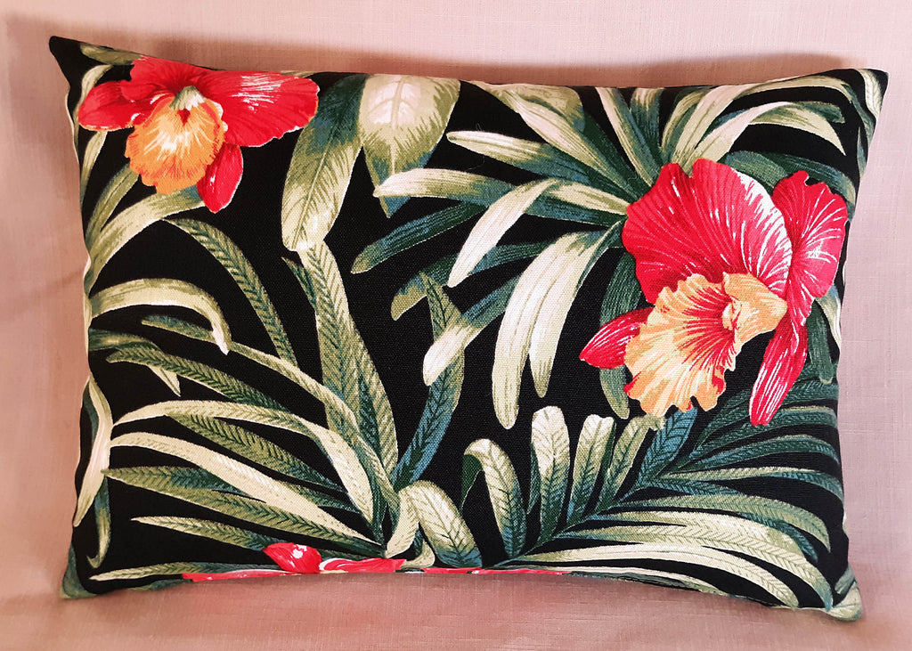 Orchids Throw Pillow Cover, Waterproof Outdoor Fabric, Red, Black Green