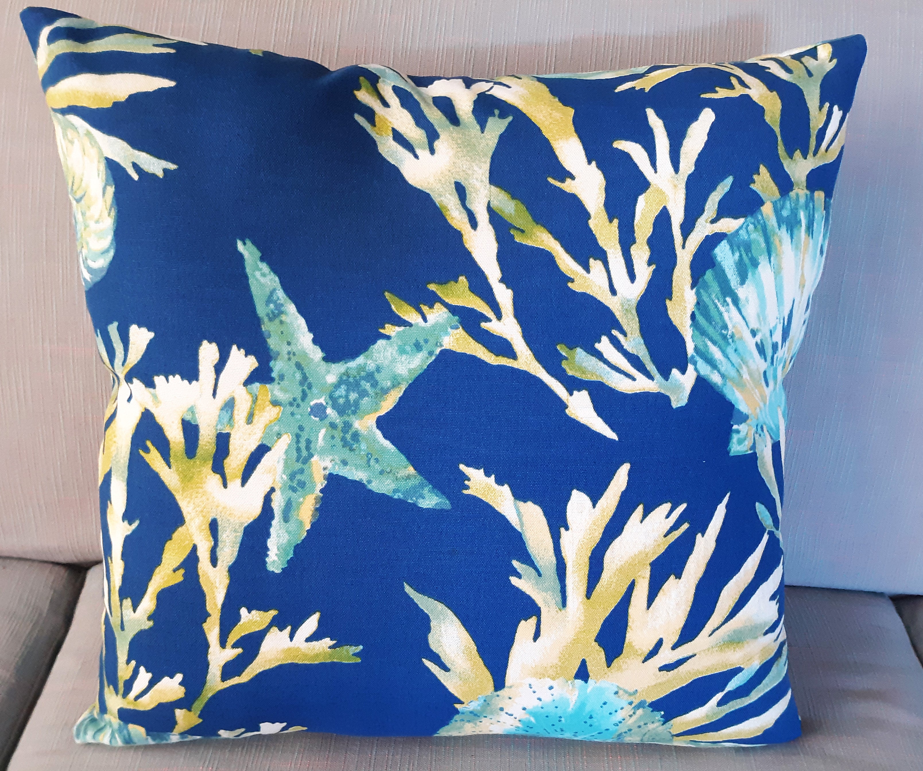 Handmade Coastal Throw Pillow Cover, 18"x18", Starfish Coral & Shells on Navy Blue, Indoor/Outdoor Fabric