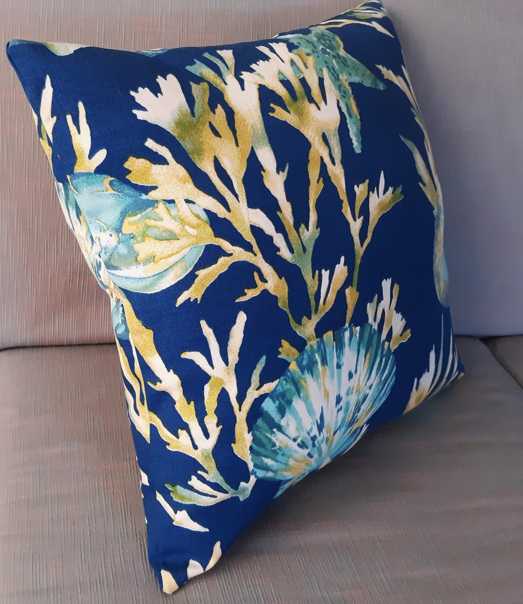Handmade Coastal Throw Pillow Cover, 18"x18", Starfish Coral & Shells on Navy Blue, Indoor/Outdoor Fabric