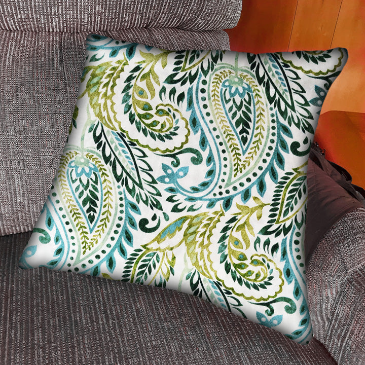 Handmade Paisley Indoor/Outdoor Throw Pillow Cover, Teal Green & Blue Watercolor Print, Square or Rectangular