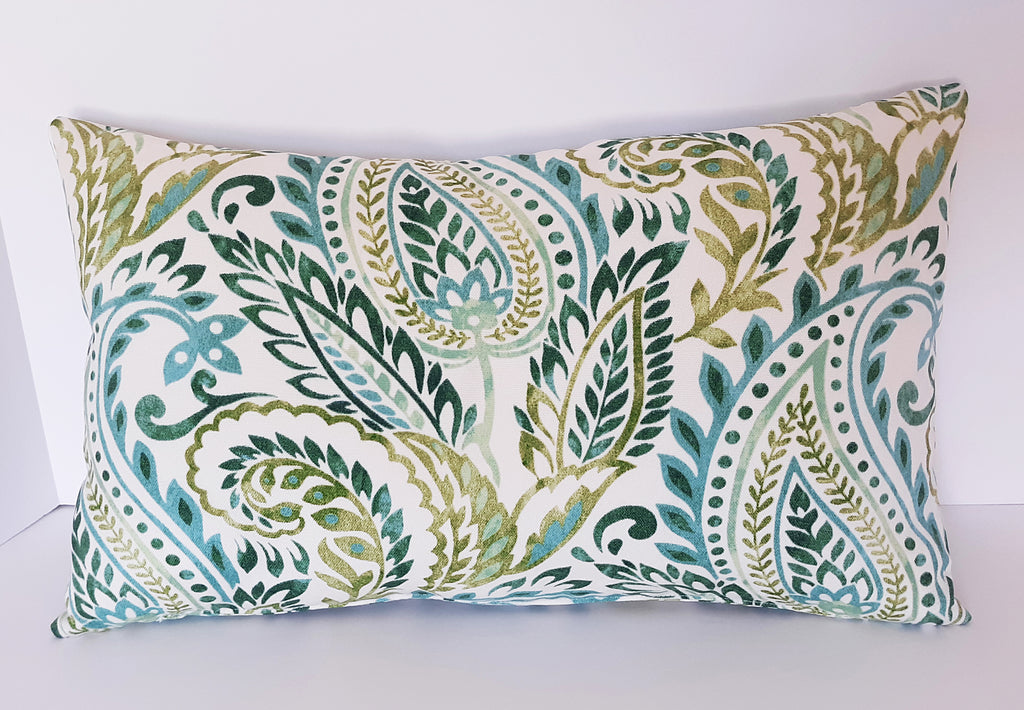 Handmade Paisley Indoor/Outdoor Throw Pillow Cover, Teal Green & Blue Watercolor Print, Square or Rectangular