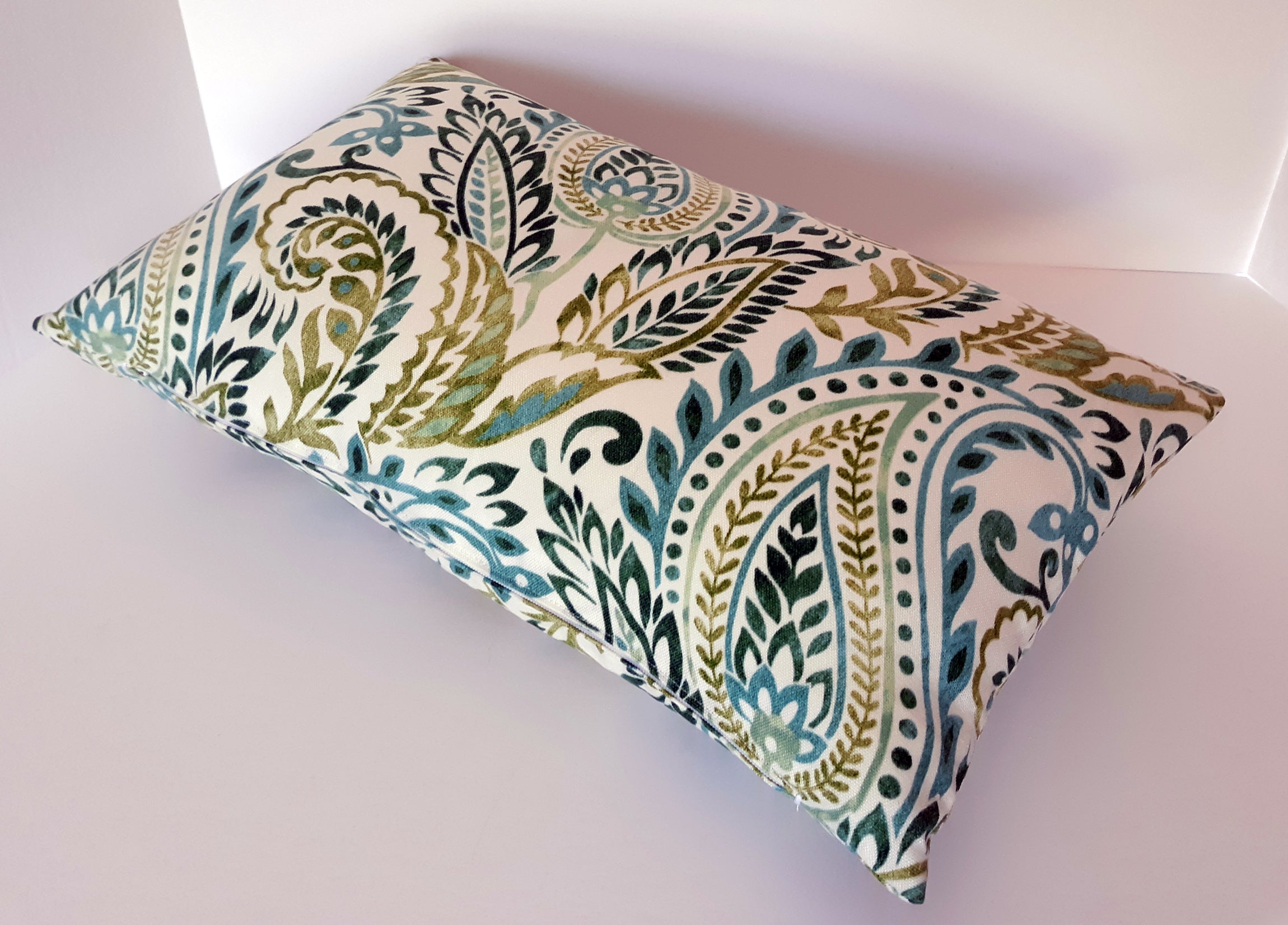 Handmade Paisley Indoor/Outdoor Throw Pillow Cover, Teal Green & Blue Watercolor Print, Square or Rectangular