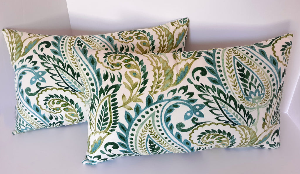Handmade Paisley Indoor/Outdoor Throw Pillow Cover, Teal Green & Blue Watercolor Print, Square or Rectangular