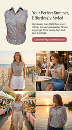 Ladies Sleeveless Cotton Blouse, Multicolor Paisley Design