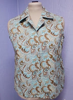 Womens Sleeveless Cotton Blouse, Blue Taupe Paisley