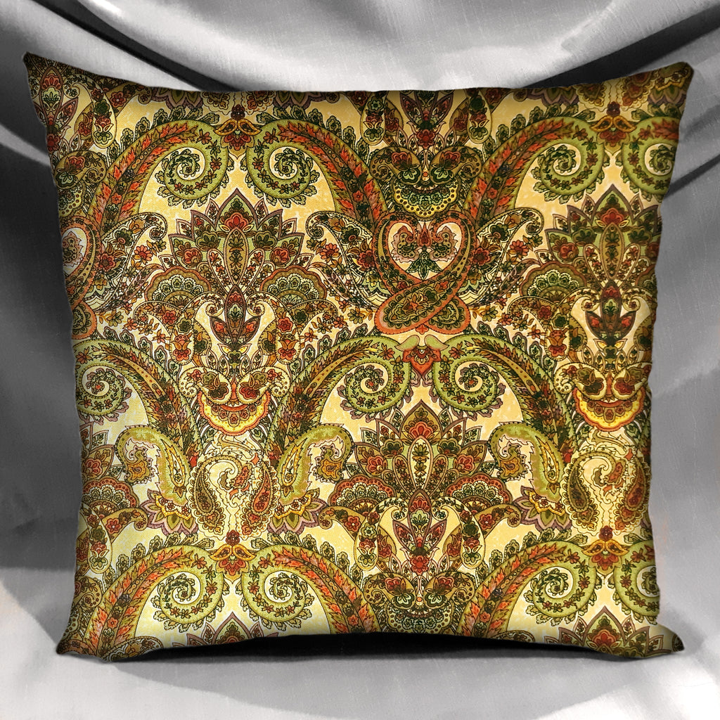 Handmade Vintage Paisley Pillow Cover, Sage Green & Warm Yellow