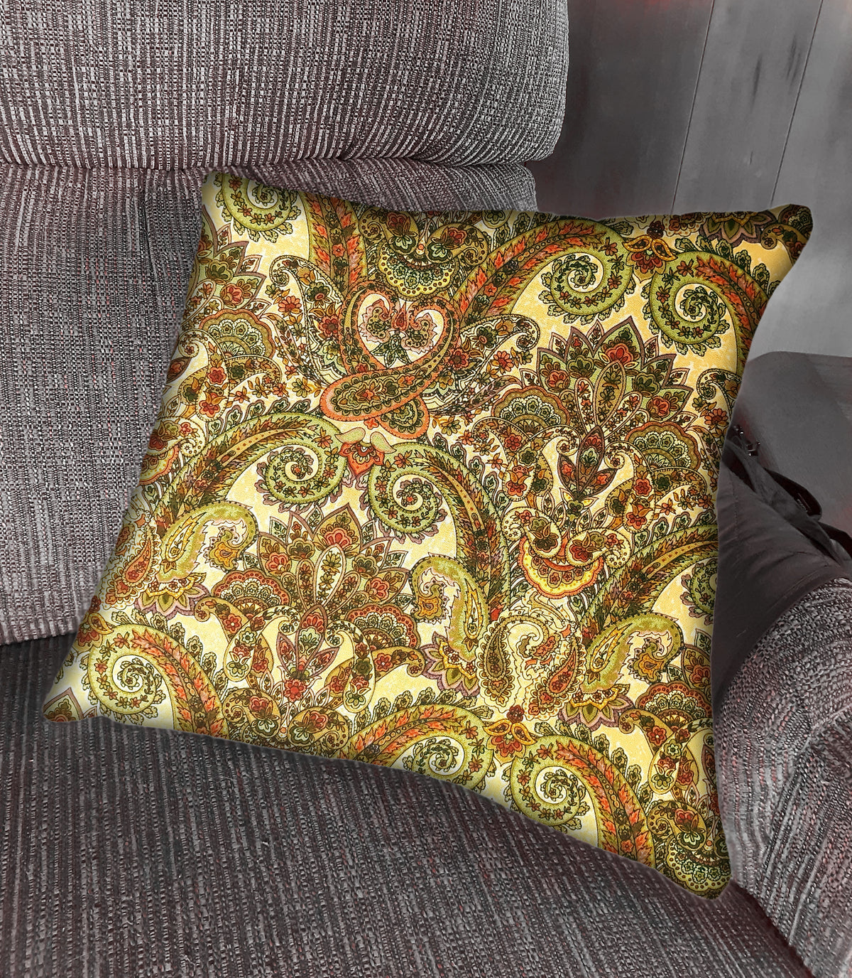 Handmade Vintage Paisley Pillow Cover, Sage Green & Warm Yellow