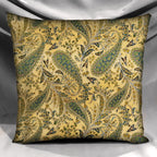 Handmade Paisley Throw Pillow Cover, 18"x18", Sage Green & Gold on Yellow, 100% Cotton