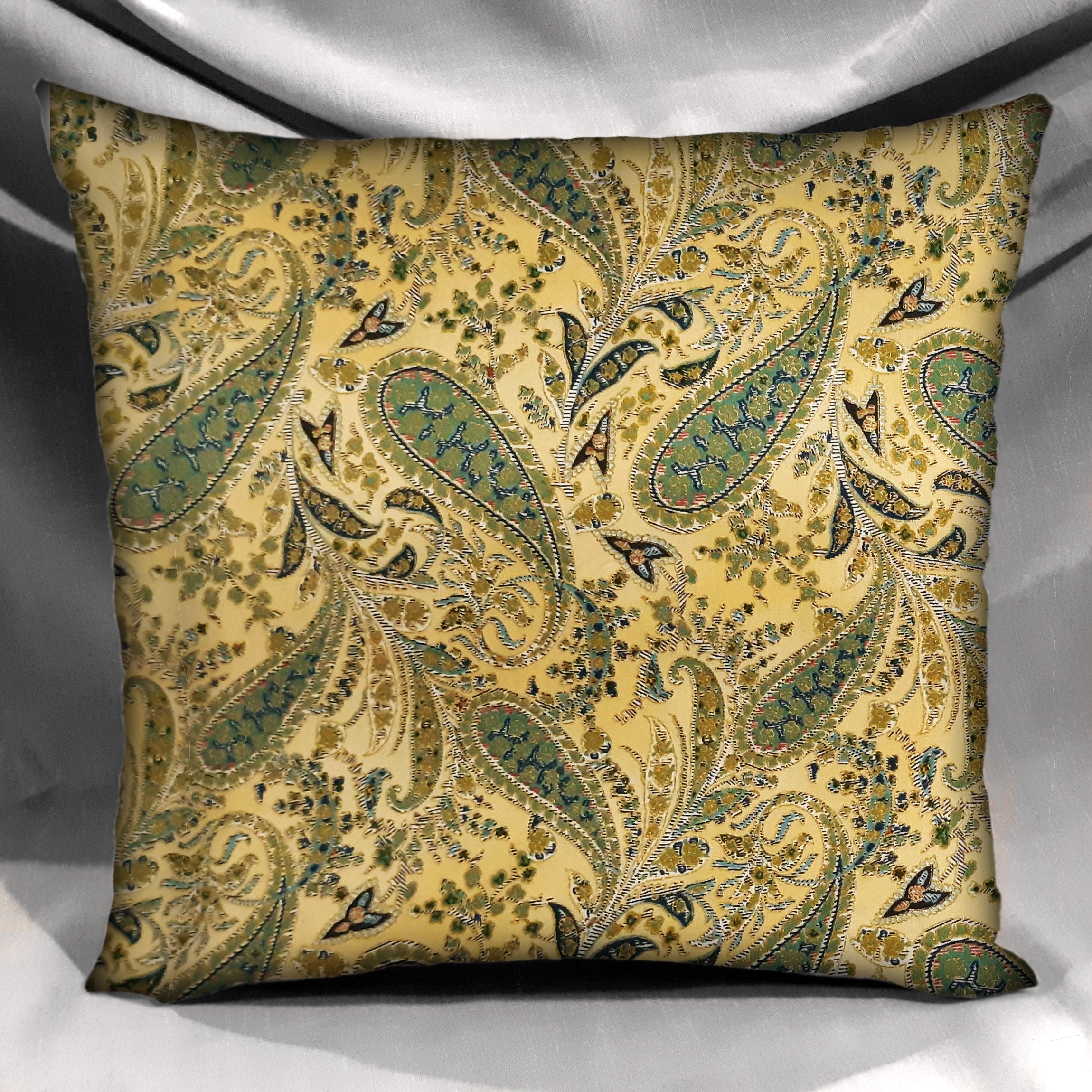 Handmade Paisley Throw Pillow Cover, 18"x18", Sage Green & Gold on Yellow, 100% Cotton