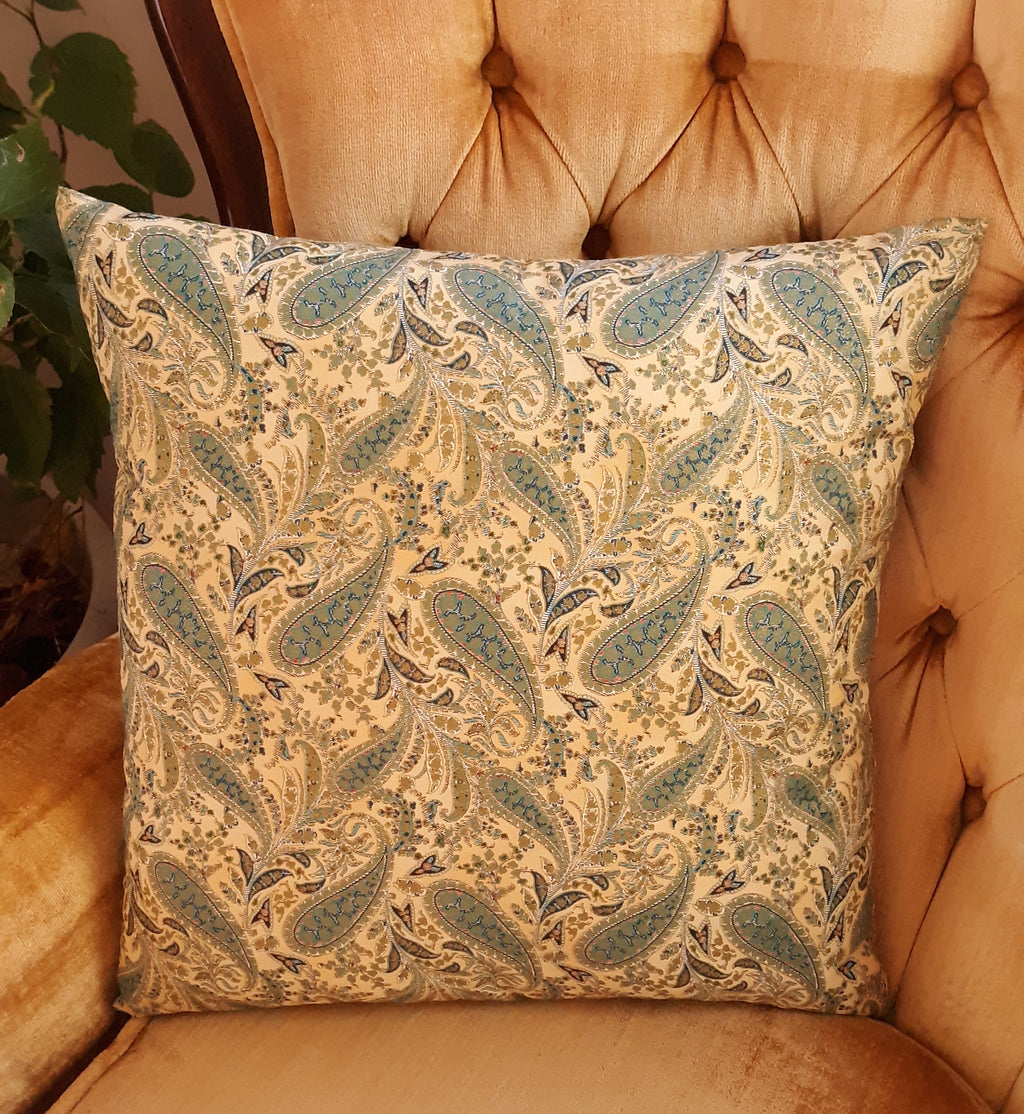 Handmade Paisley Throw Pillow Cover, 18"x18", Sage Green & Gold on Yellow, 100% Cotton