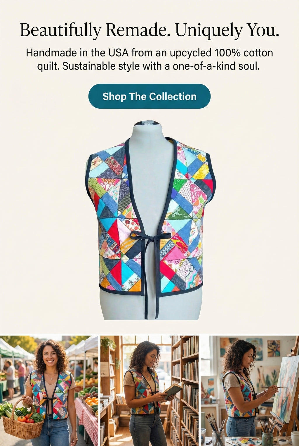 Upcycled Quilt Vest, Patchwork Design Cotton