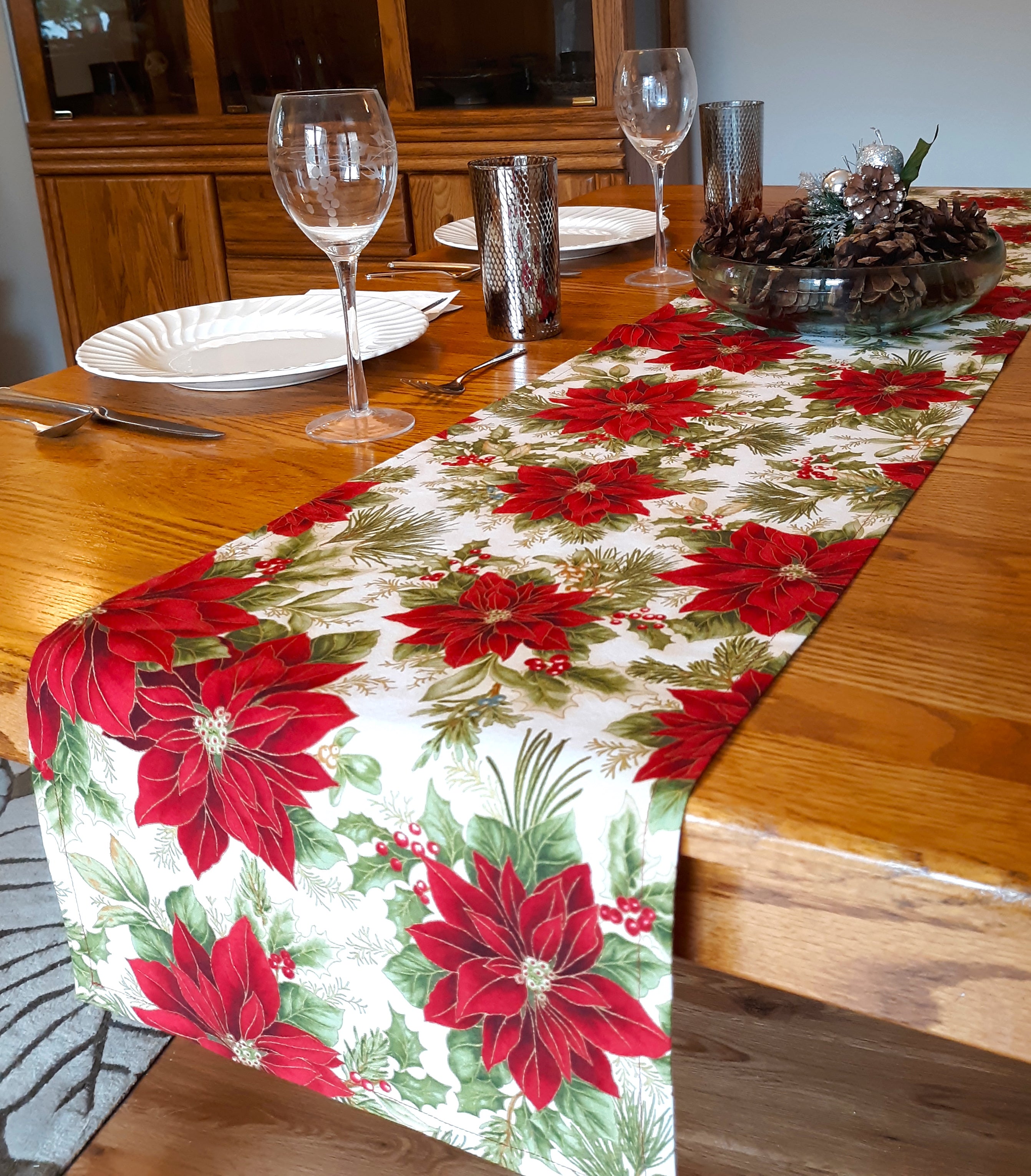 Holiday Table Runner, Poinsettia Print 100% Cotton