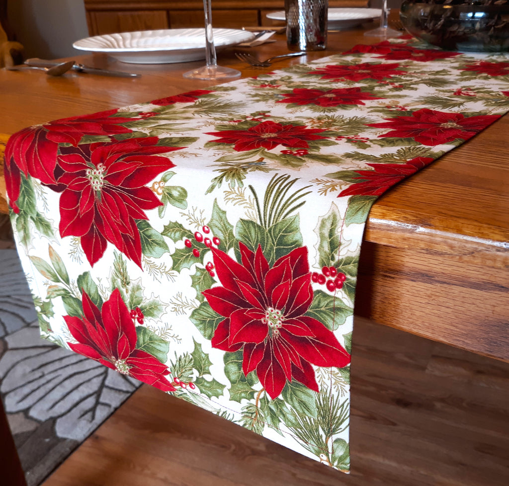 Holiday Table Runner, Poinsettia Print 100% Cotton