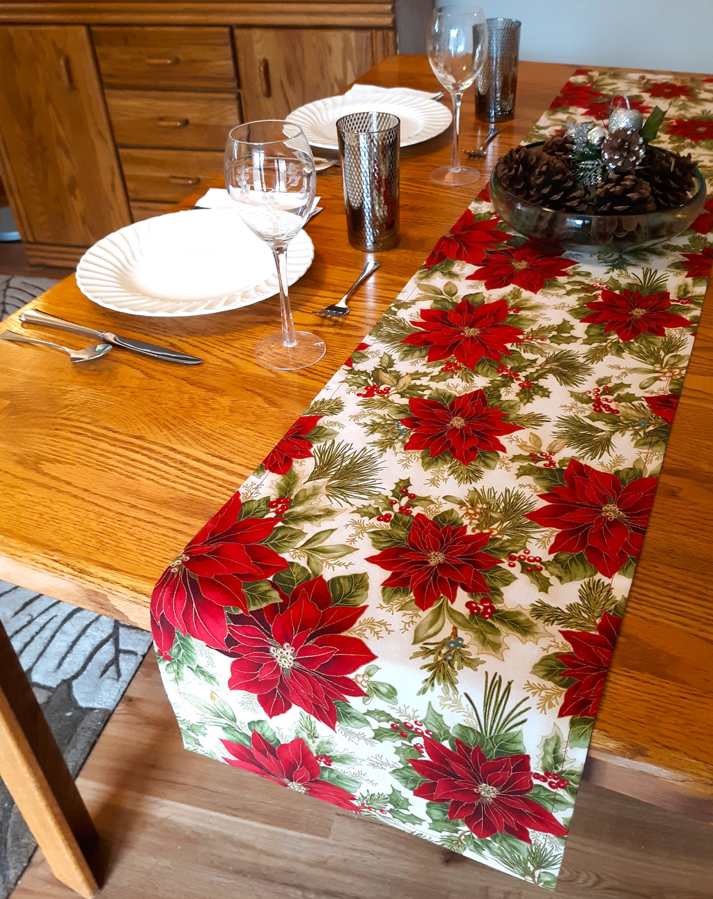 Holiday Table Runner, Poinsettia Print 100% Cotton