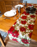 Holiday Table Runner, Poinsettia Print 100% Cotton