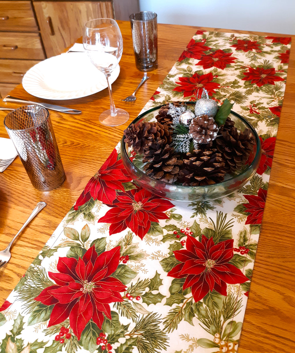 Holiday Table Runner, Poinsettia Print 100% Cotton