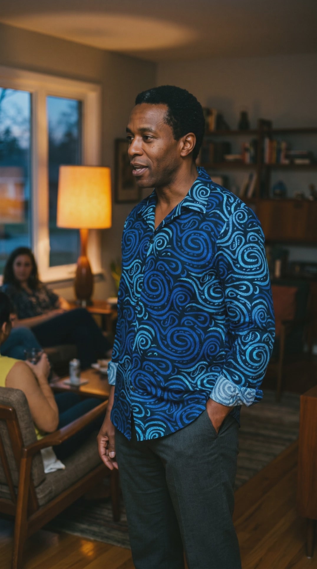 Men's Handmade African Wax Print Long Sleeve Button-Up Shirt, Blue & Black Geometric, Sizes M–XL