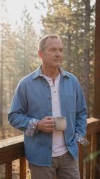 Men's Handmade Light Blue Denim Shirt-Jacket, Long Sleeve, Contrast Collar & Cuffs, Size XL
