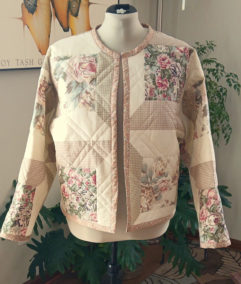 Upcycled Quilt Jacket, Rose Floral Block Pattern