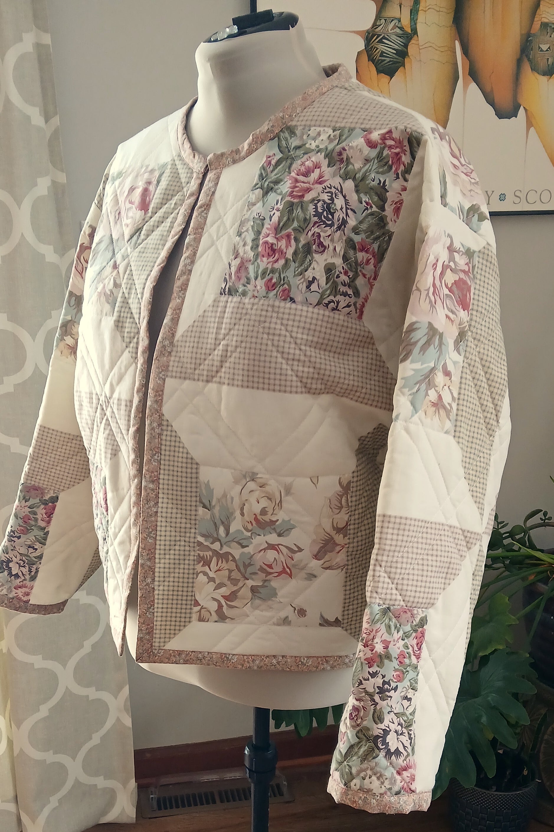 Upcycled Quilt Jacket, Rose Floral Block Pattern