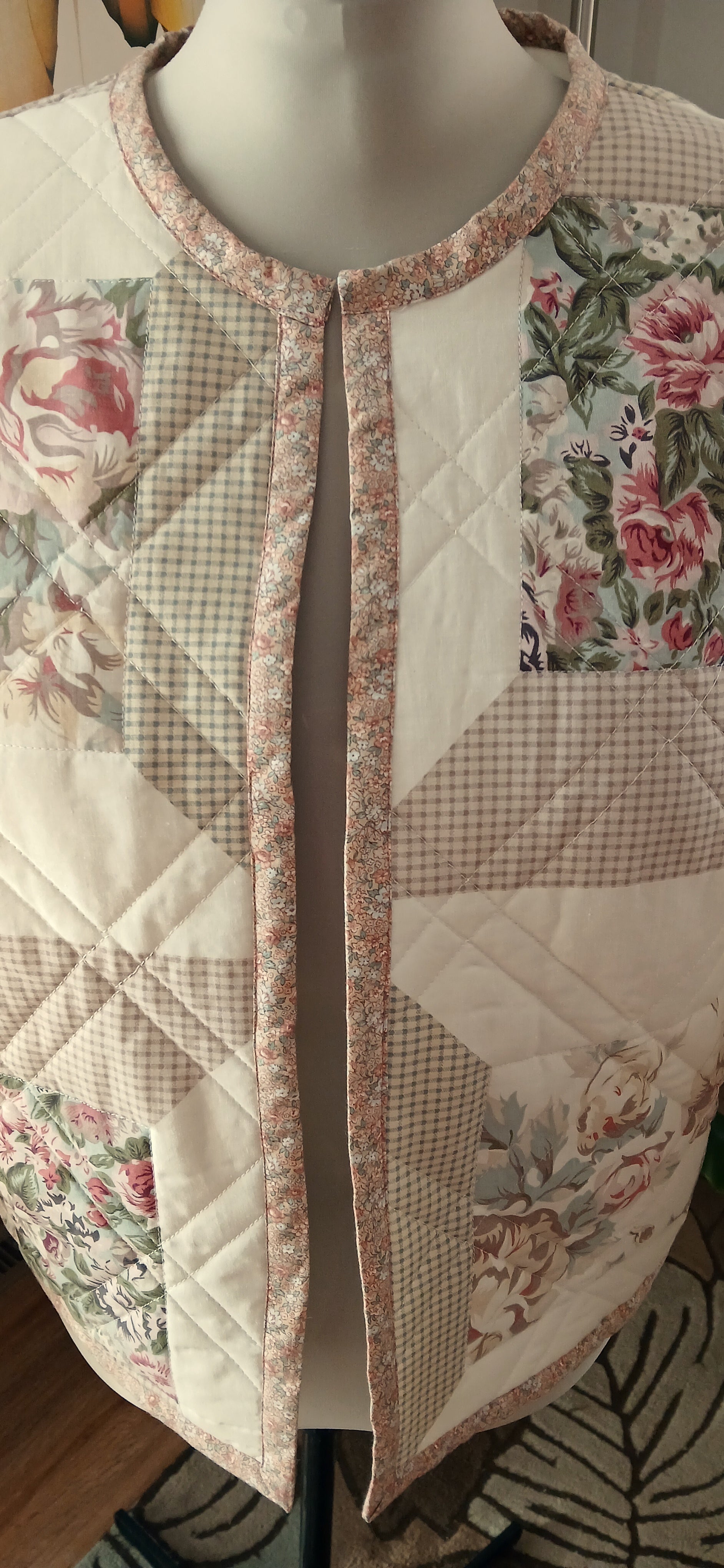 Upcycled Quilt Jacket, Rose Floral Block Pattern