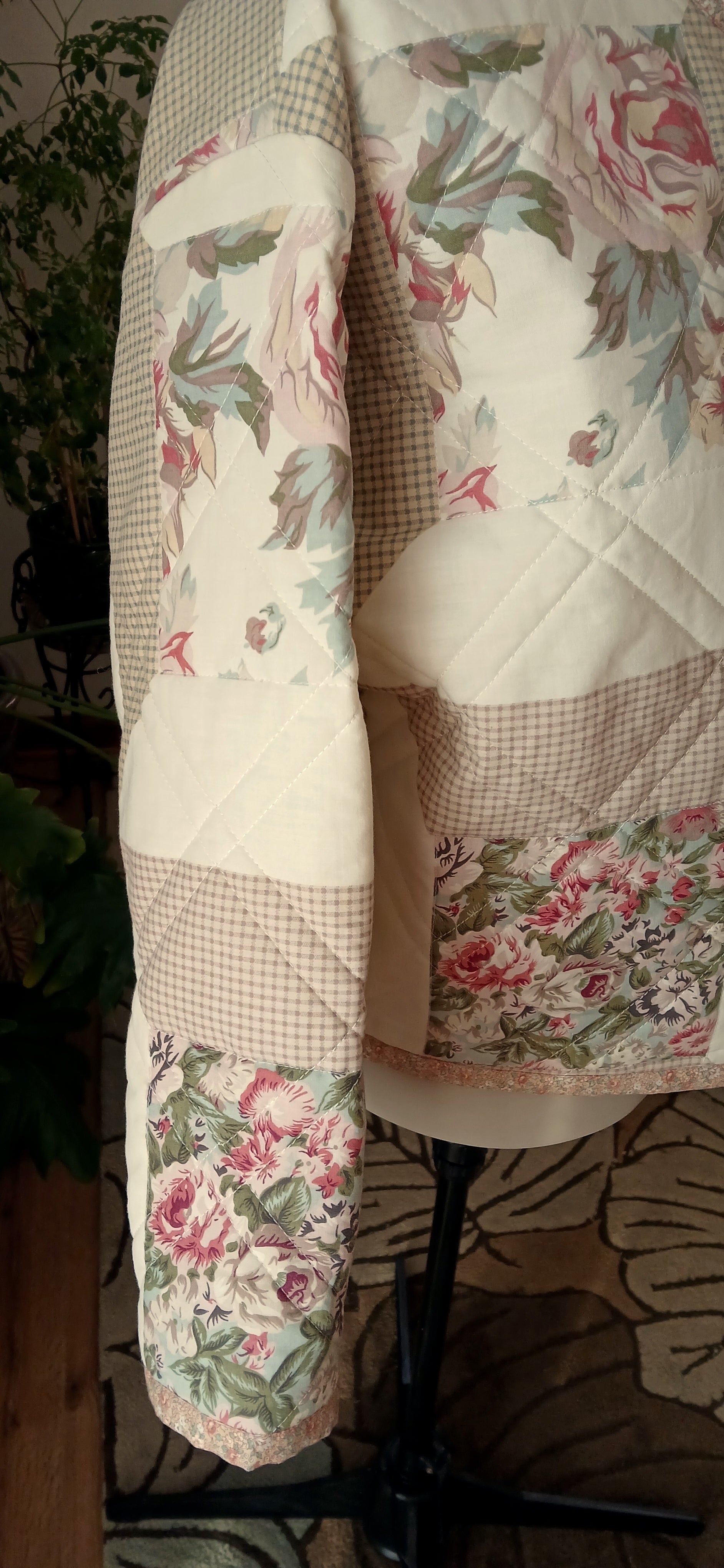 Upcycled Quilt Jacket, Rose Floral Block Pattern
