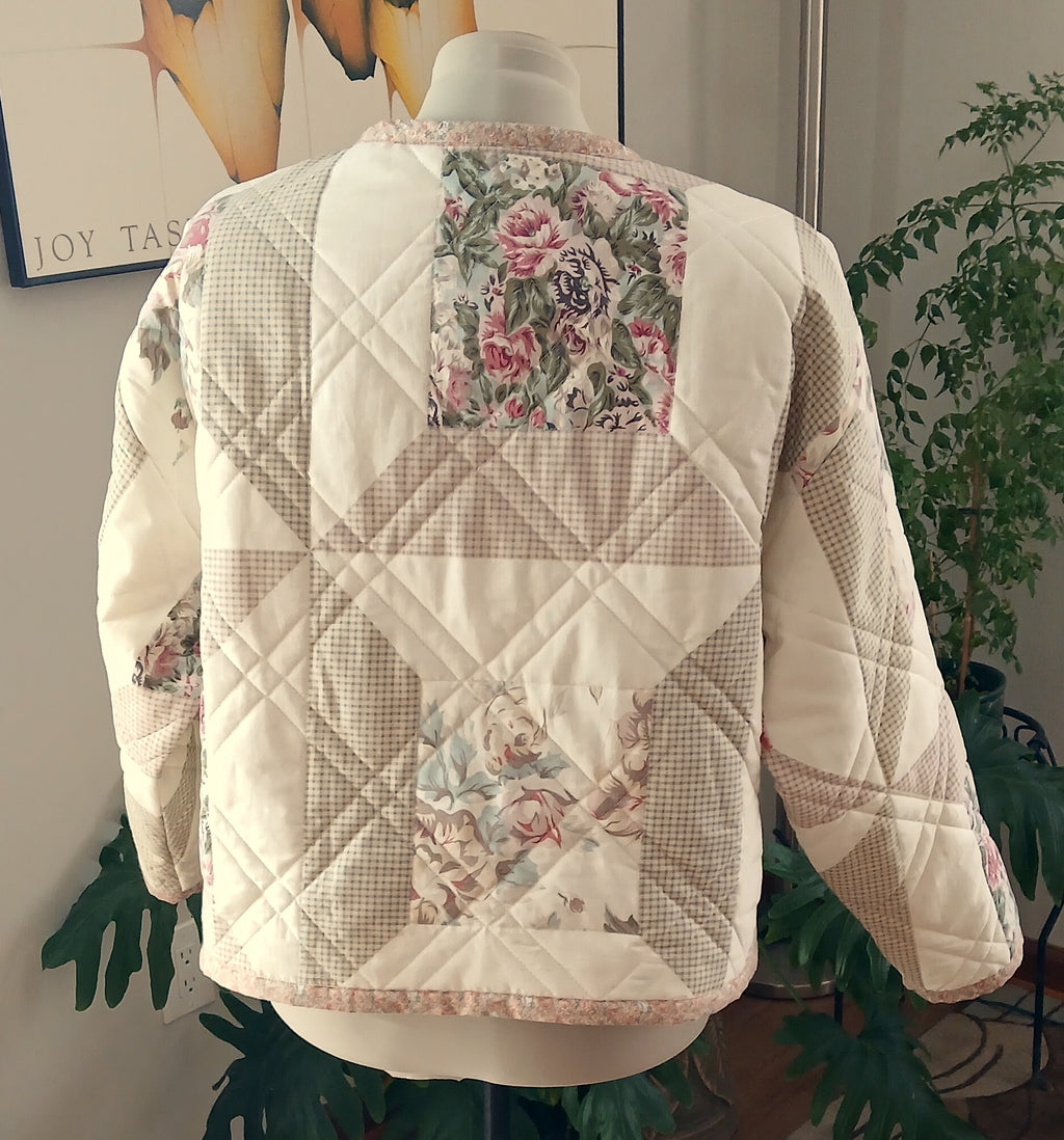 Upcycled Quilt Jacket, Rose Floral Block Pattern