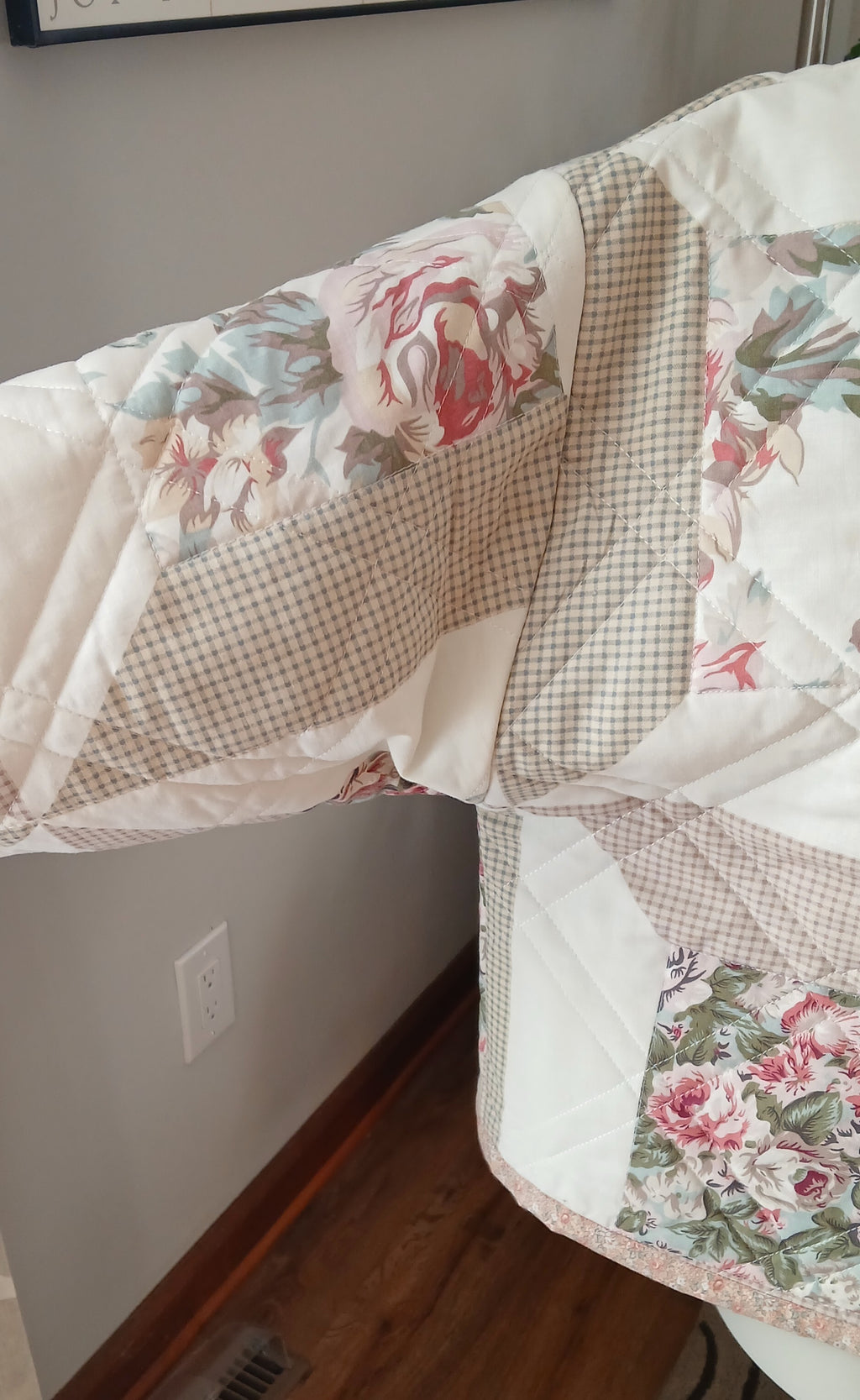 Upcycled Quilt Jacket, Rose Floral Block Pattern