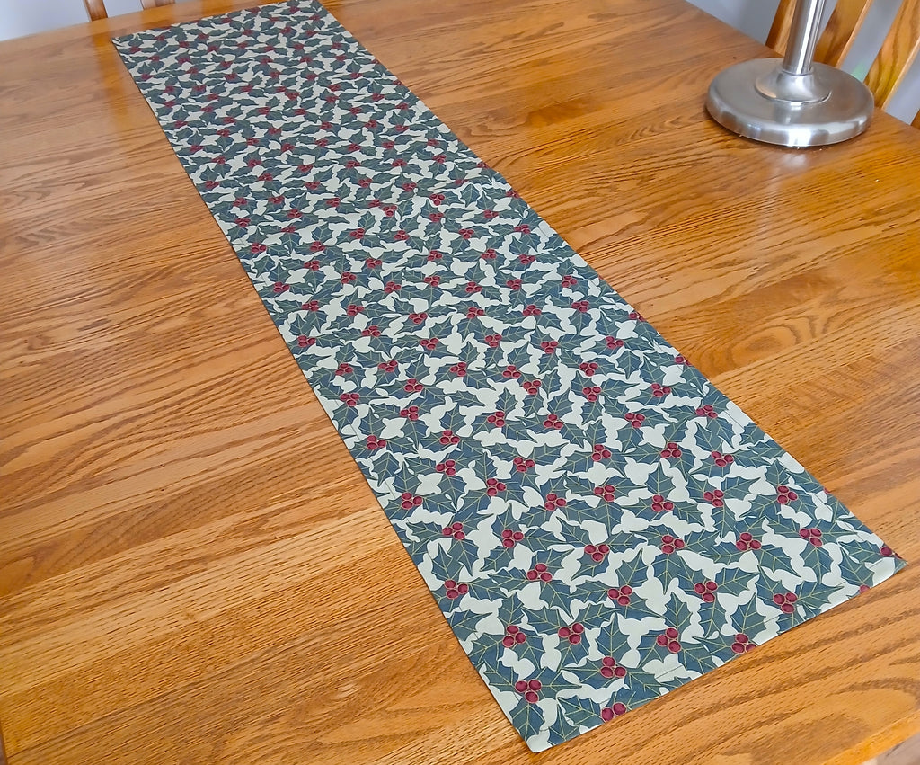 Winter Holidays Table Runner, Green Holly, 12"x48"
