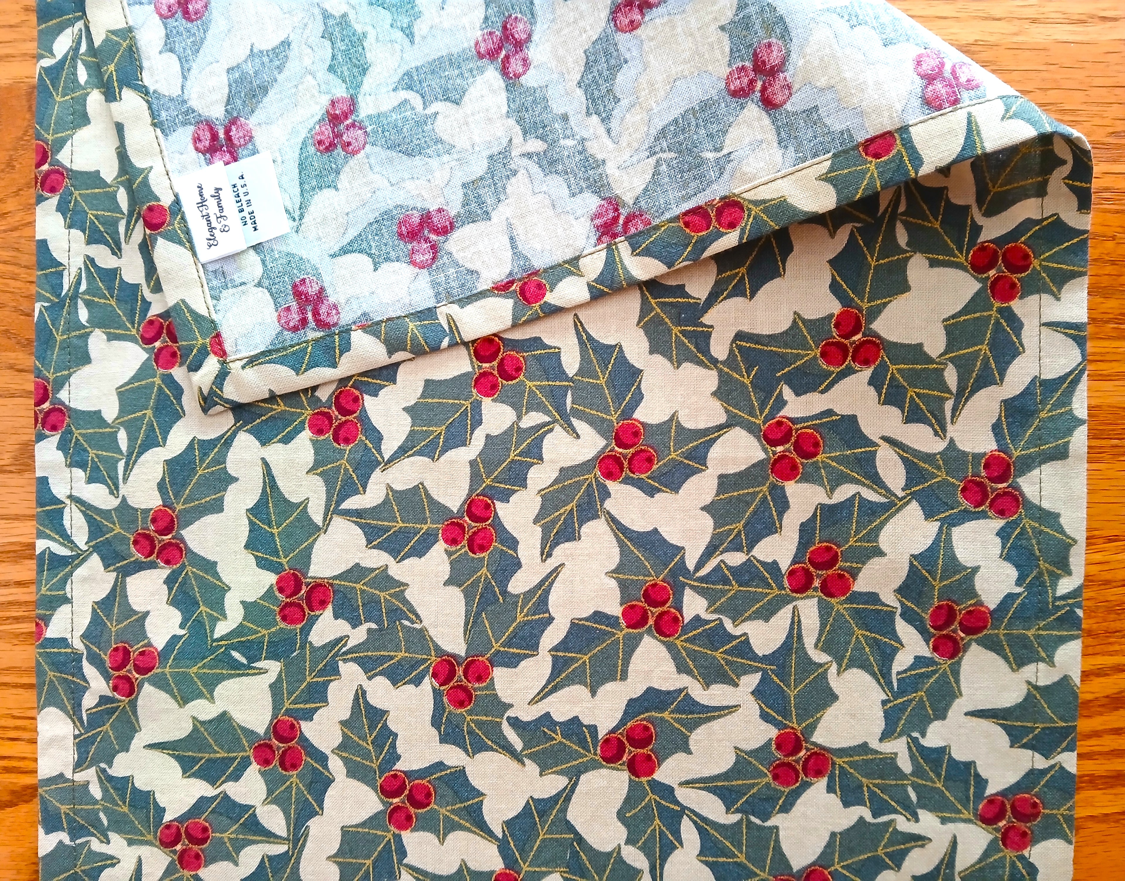 Winter Holidays Table Runner, Green Holly, 12"x48"