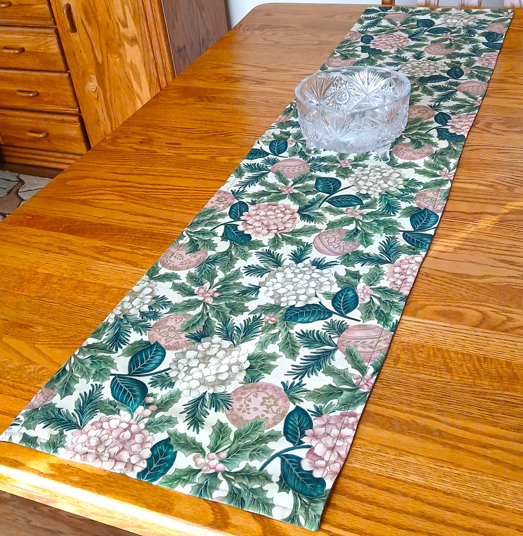 Winter Holiday Table Runner, Pink Green Floral