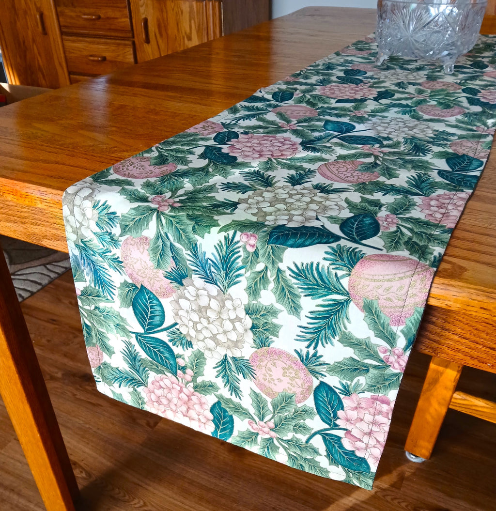 Winter Holiday Table Runner, Pink Green Floral