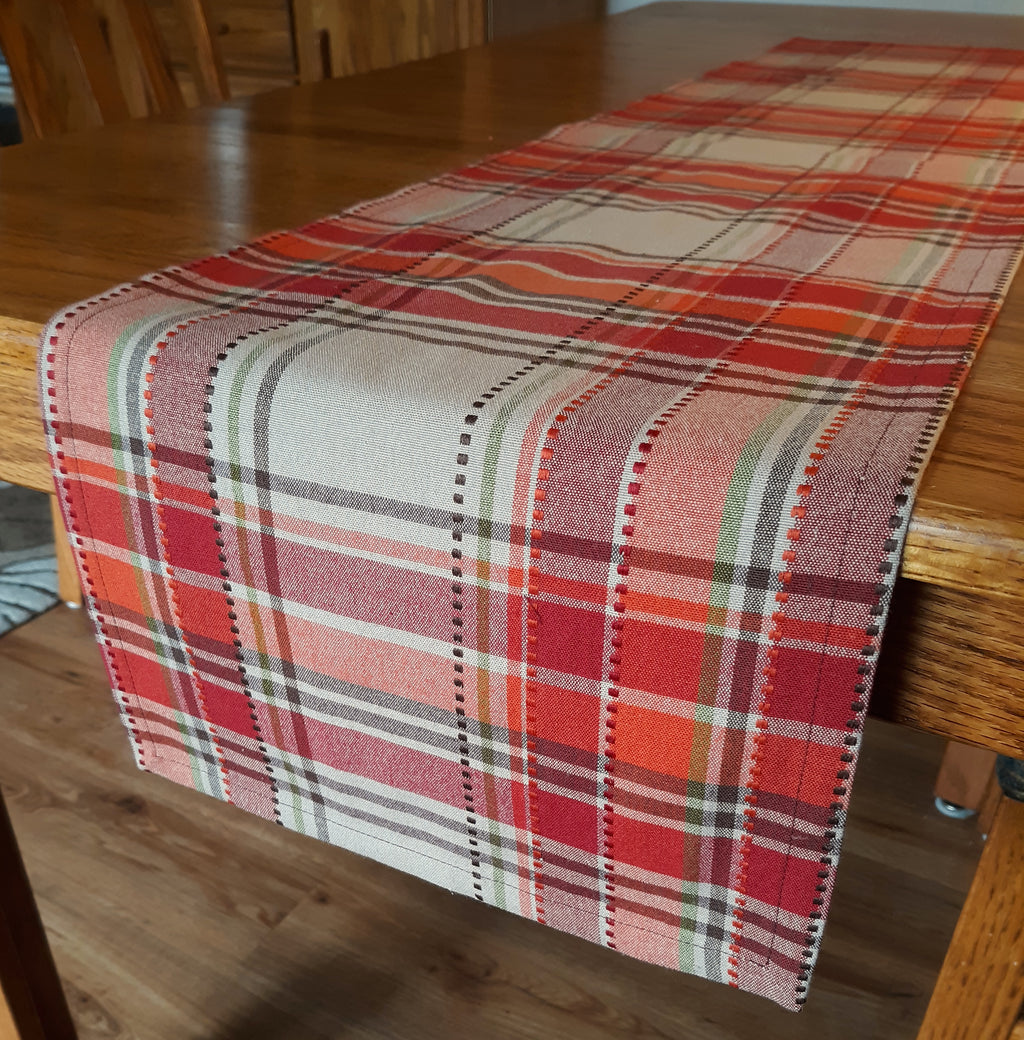 Woven Plaid Table Runner, Dark Red Brown 100% Cotton