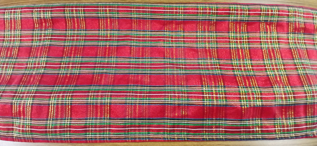 Holiday Table Runner, Red Taffeta Gold Metallic Plaid
