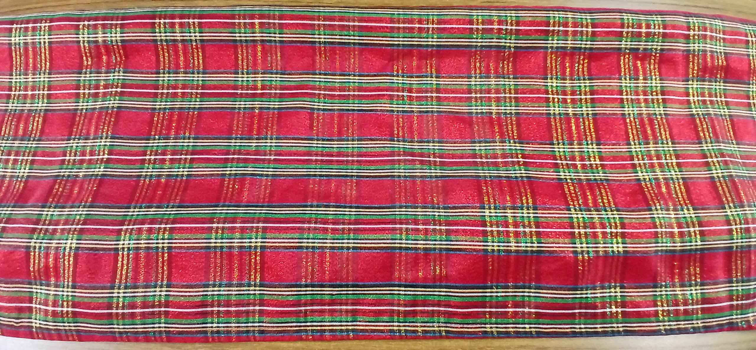 Holiday Table Runner, Red Taffeta Gold Metallic Plaid