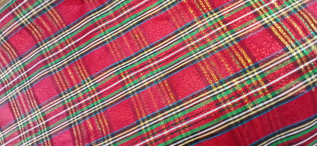 Holiday Table Runner, Red Taffeta Gold Metallic Plaid