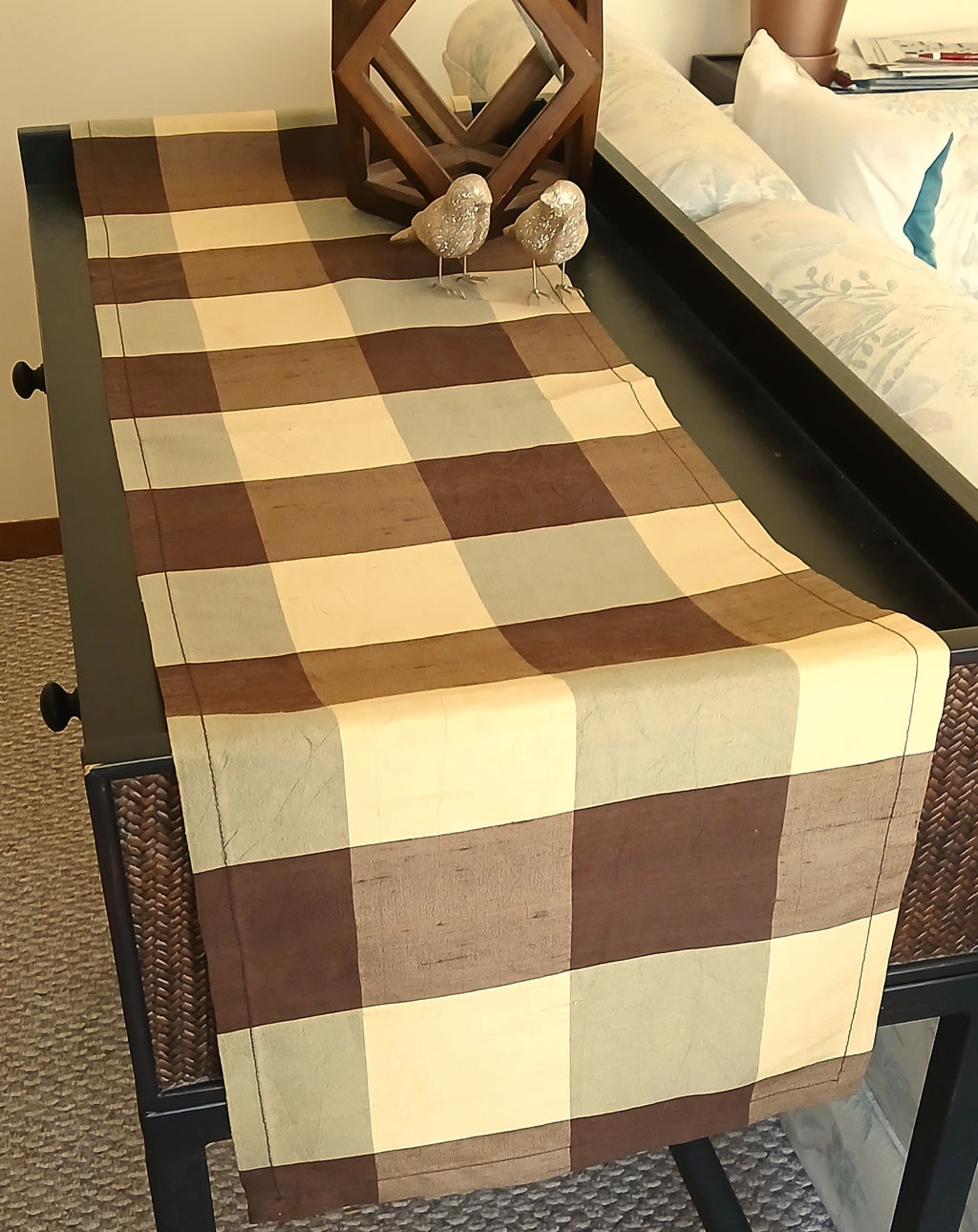 Silk Buffalo Check Table Runner, Brown & Cream