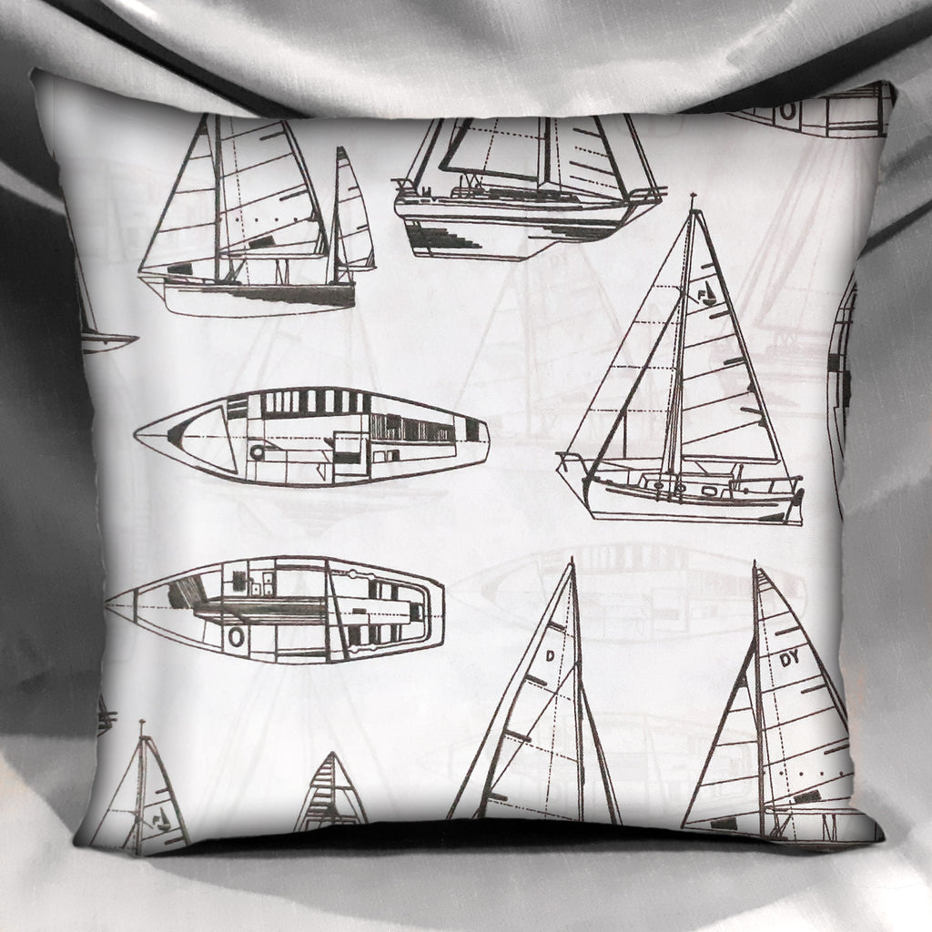 Coastal Design Throw Pillow Cover, Sailboats White Black Outdoor Fabric, 18"