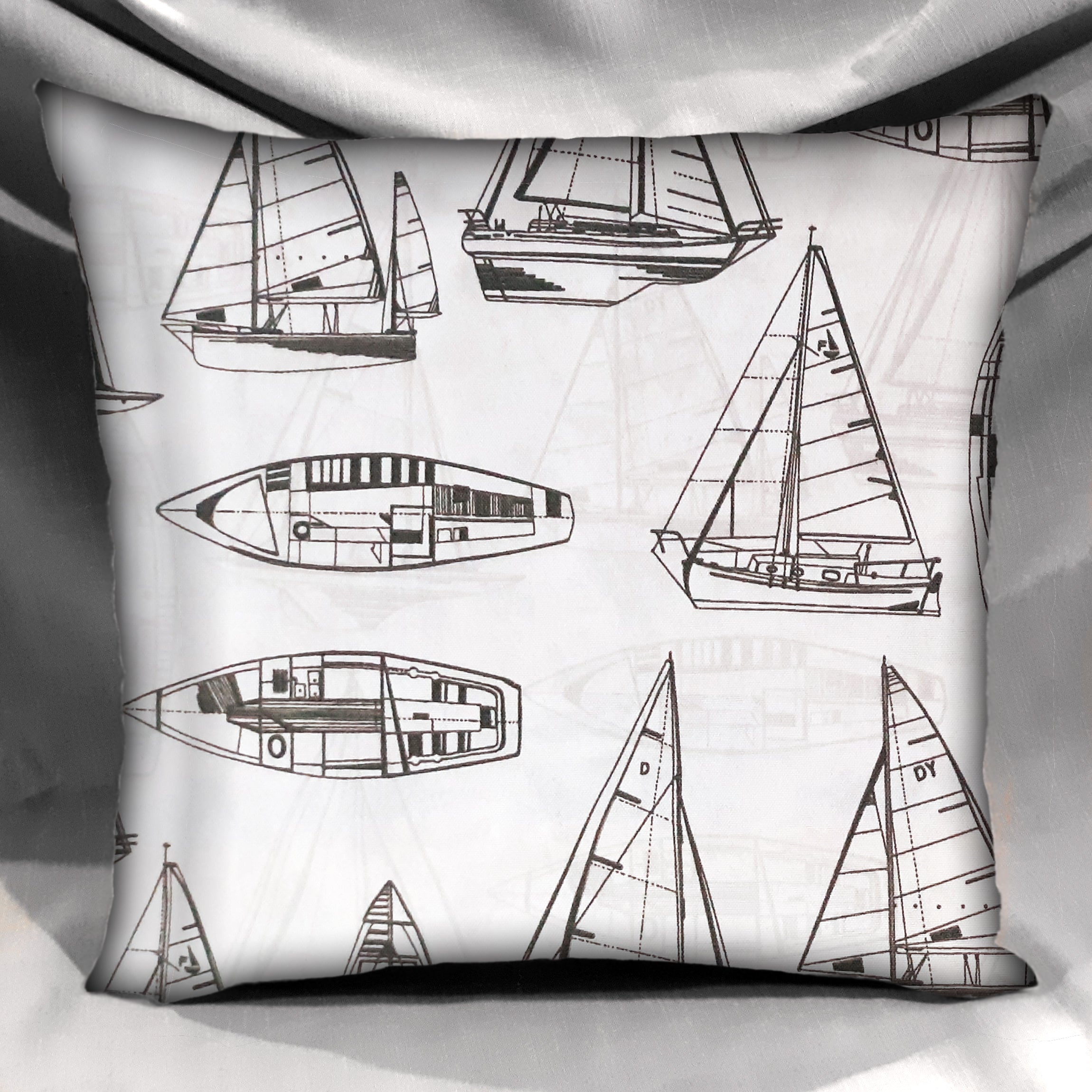Coastal Design Throw Pillow Cover, Sailboats White Black Outdoor Fabric, 18"