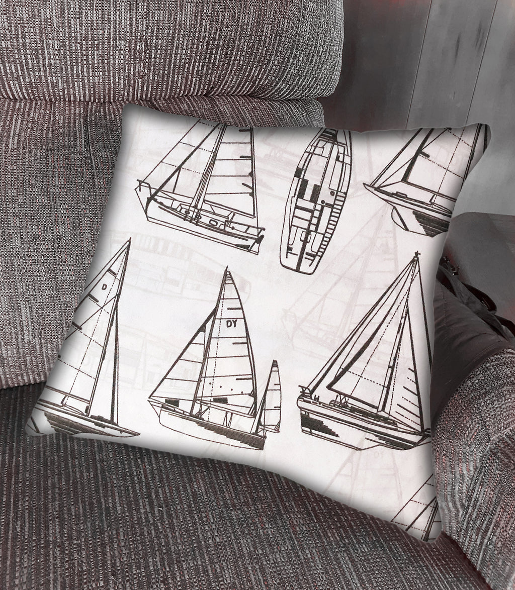 Coastal Design Throw Pillow Cover, Sailboats White Black Outdoor Fabric, 18"