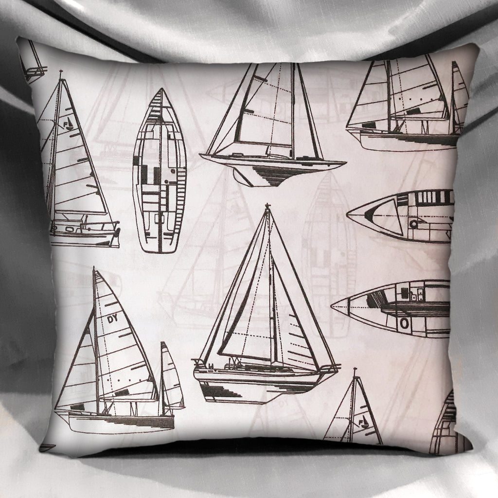 Coastal Design Throw Pillow Cover, Sailboats White Black Outdoor Fabric, 18"