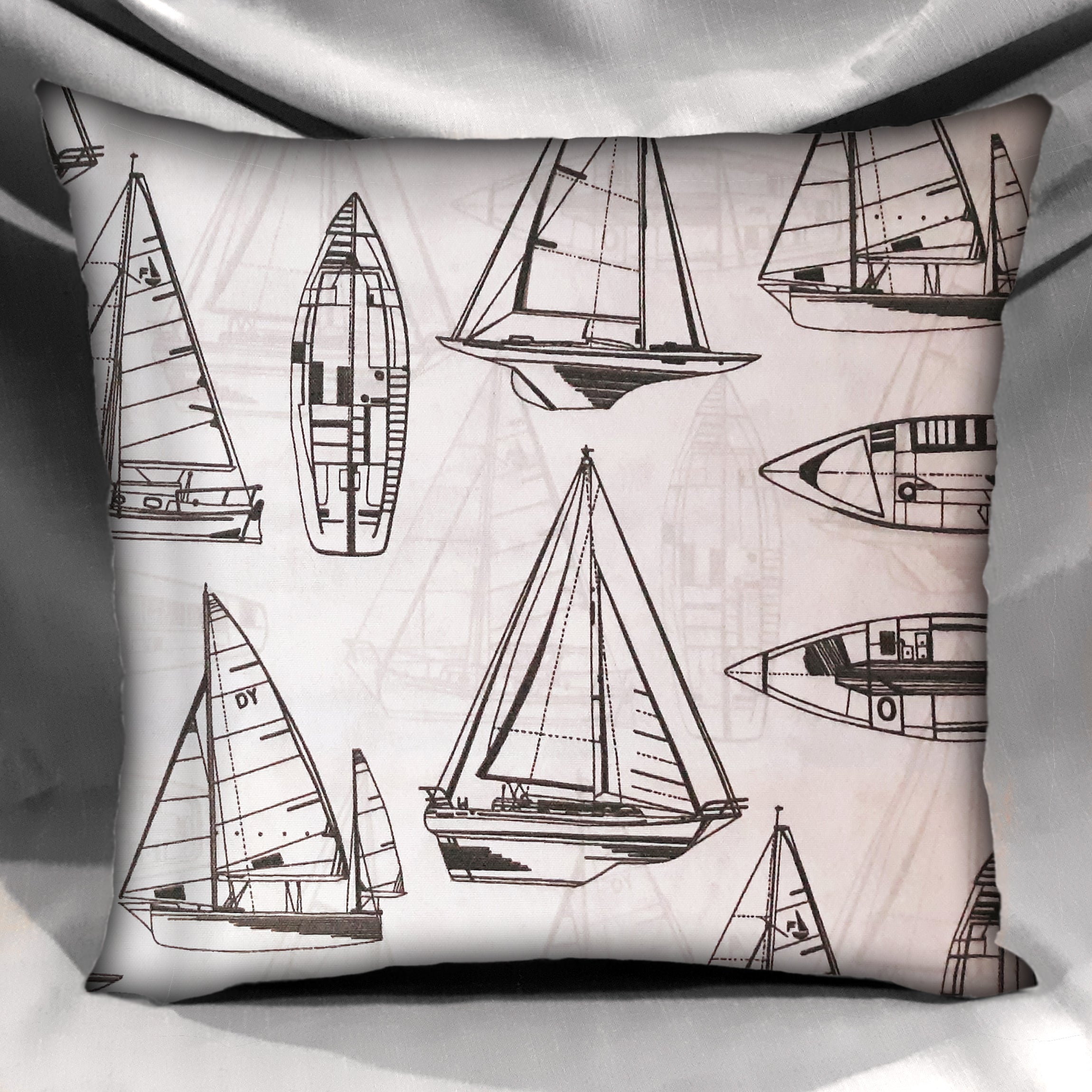 Coastal Design Throw Pillow Cover, Sailboats White Black Outdoor Fabric, 18"