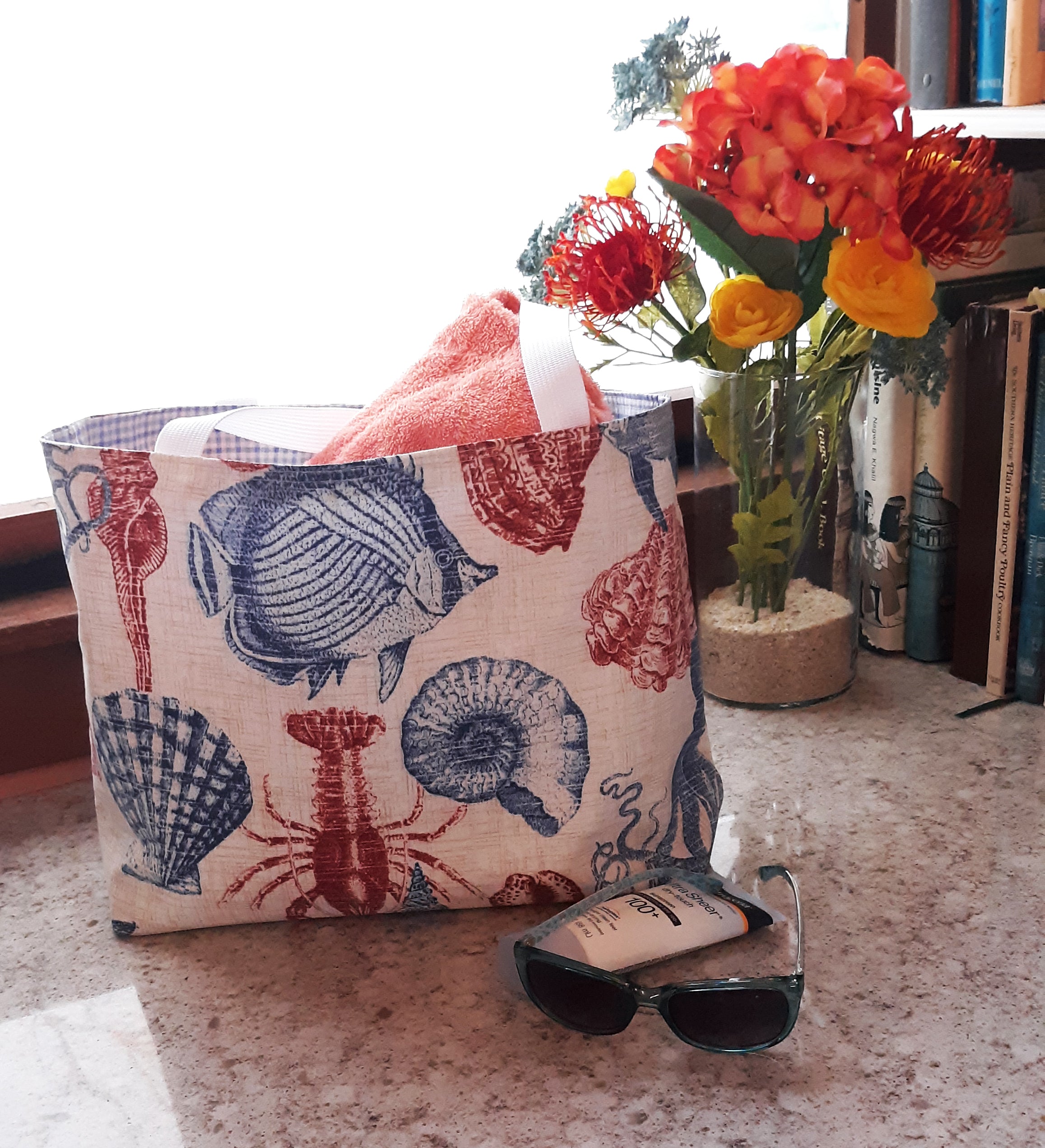 Coastal Seashore Tote Bag, Red Blue Waterproof Outdoor Fabric