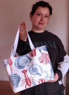 Coastal Seashore Tote Bag, Red Blue Waterproof Outdoor Fabric