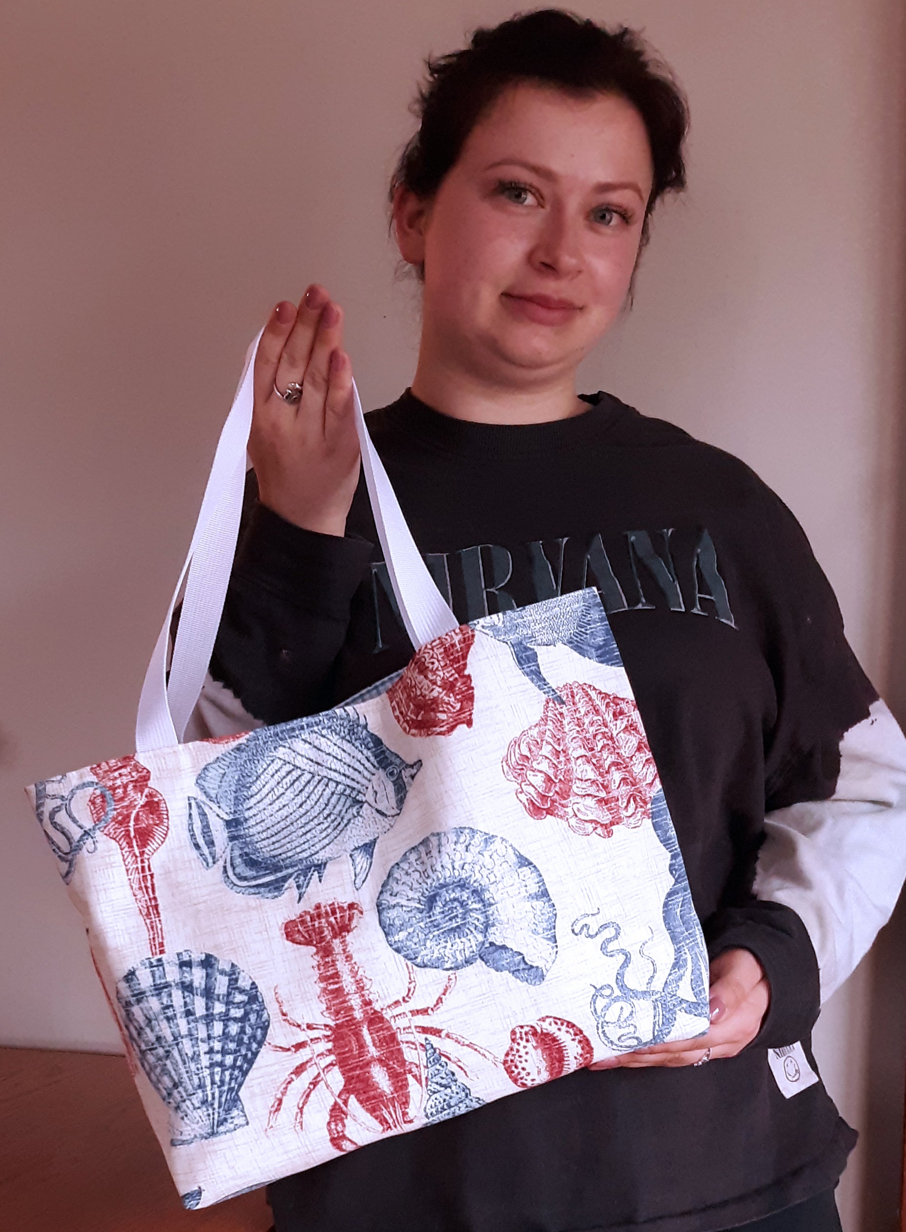 Coastal Seashore Tote Bag, Red Blue Waterproof Outdoor Fabric