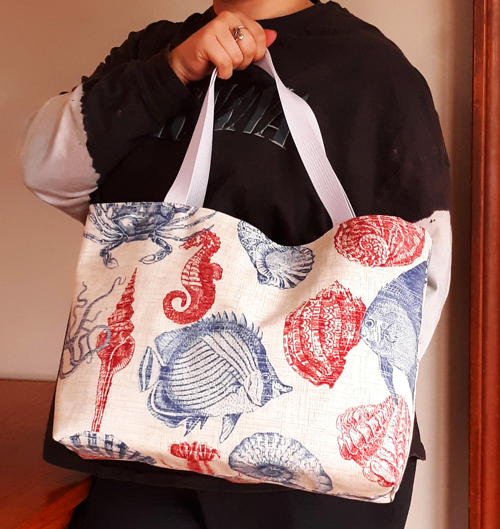 Coastal Seashore Tote Bag, Red Blue Waterproof Outdoor Fabric