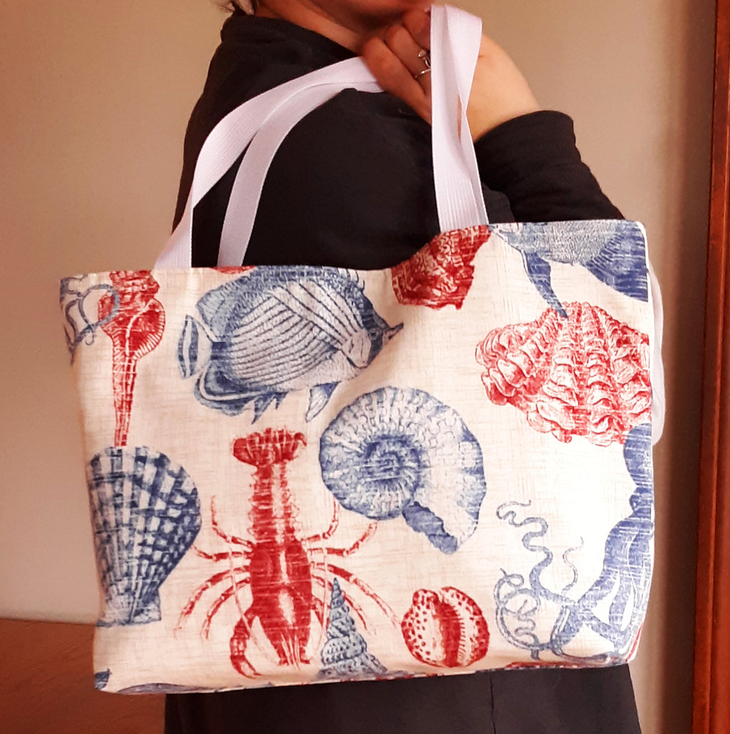 Coastal Seashore Tote Bag, Red Blue Waterproof Outdoor Fabric