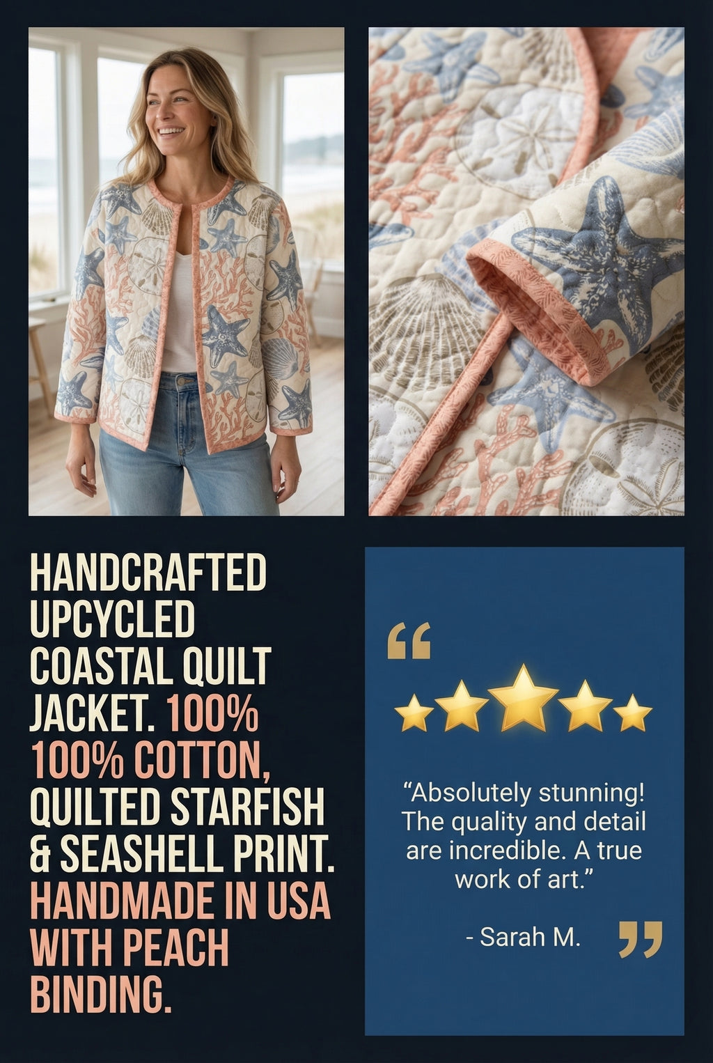 Upcycled Quilt Jacket, Coastl Design, Starfish, Coral, Sand Dollars
